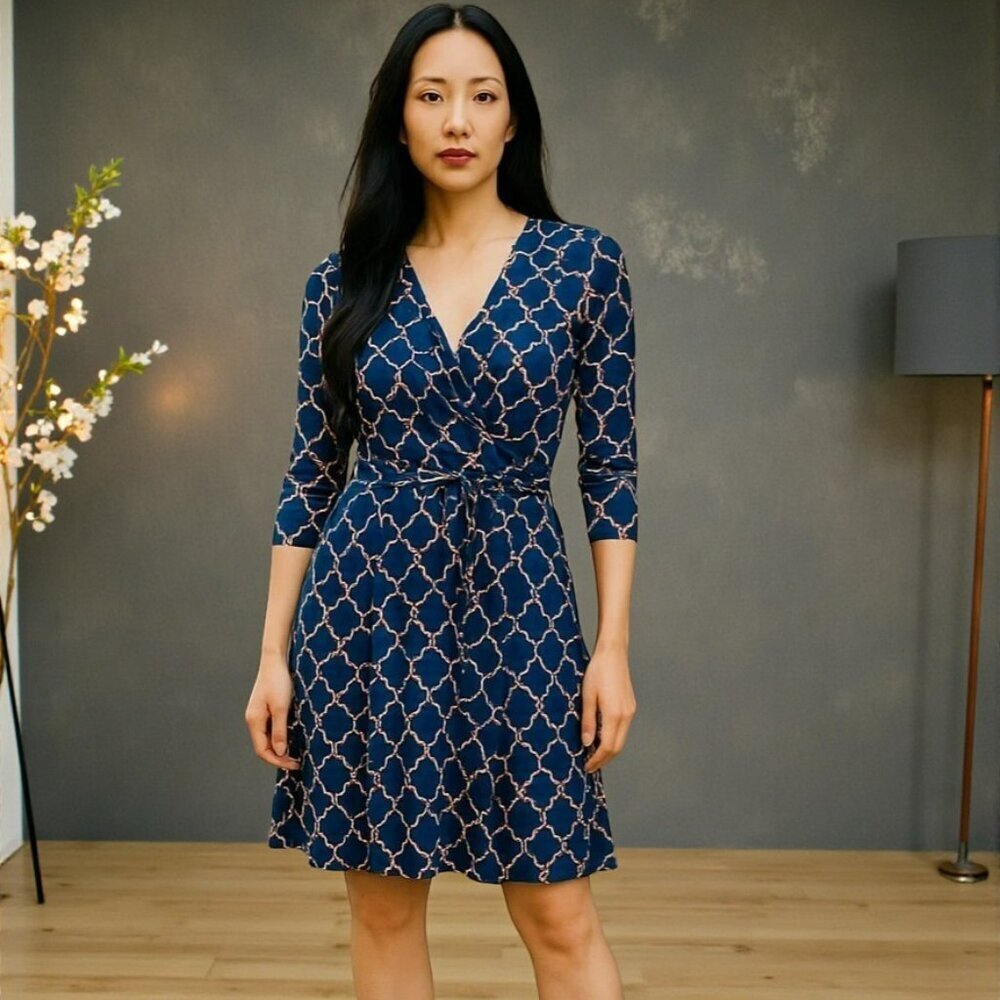 41 Hawthorn Womens Medium Teal Blue Geometric Long Sleeve V Neck Faux Wrap Dress